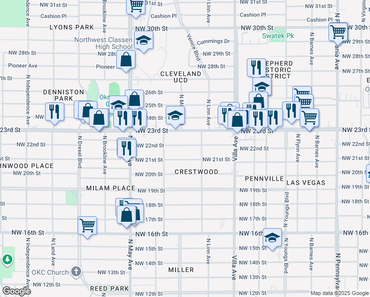map of restaurants, bars, coffee shops, grocery stores, and more near 2745 Northwest 21st Street in Oklahoma City