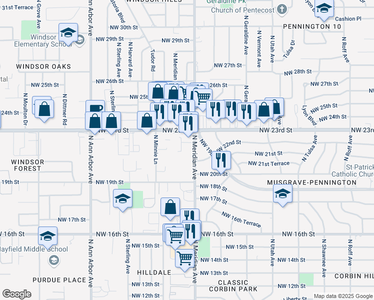 map of restaurants, bars, coffee shops, grocery stores, and more near 2221 North Meridian Avenue in Oklahoma City