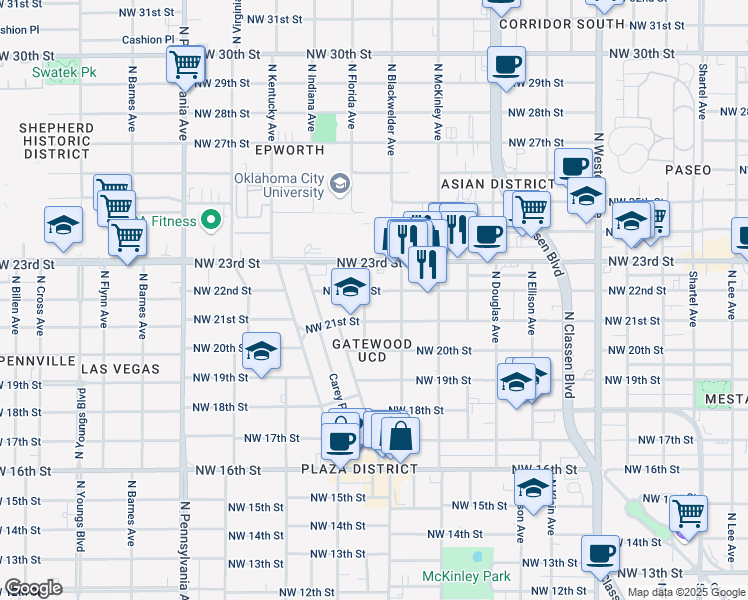 map of restaurants, bars, coffee shops, grocery stores, and more near 1715 Northwest 21st Street in Oklahoma City