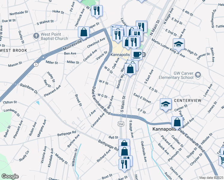 map of restaurants, bars, coffee shops, grocery stores, and more near 424 West Avenue in Kannapolis