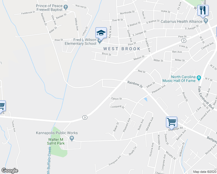 map of restaurants, bars, coffee shops, grocery stores, and more near 1308 Bailey Street in Kannapolis