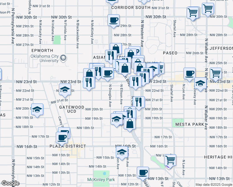 map of restaurants, bars, coffee shops, grocery stores, and more near 1301 Northwest 21st Street in Oklahoma City