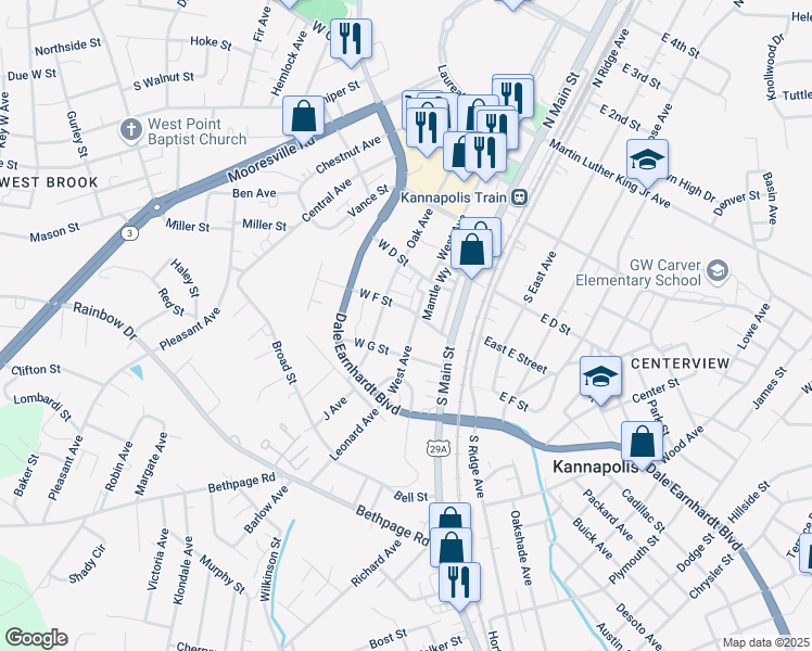 map of restaurants, bars, coffee shops, grocery stores, and more near 424 West Avenue in Kannapolis