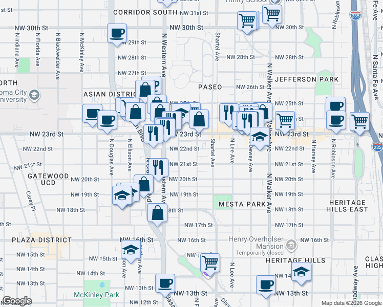 map of restaurants, bars, coffee shops, grocery stores, and more near 825 Northwest 21st Street in Oklahoma City