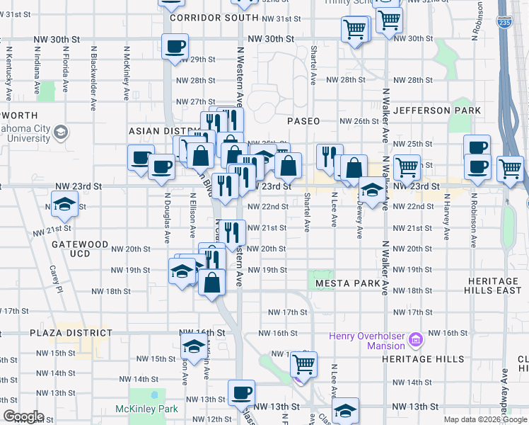 map of restaurants, bars, coffee shops, grocery stores, and more near 931 Northwest 21st Street in Oklahoma City