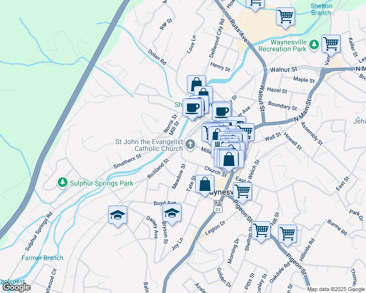 map of restaurants, bars, coffee shops, grocery stores, and more near 305 Church Street in Waynesville