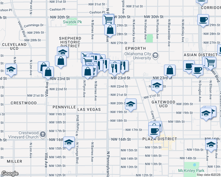 map of restaurants, bars, coffee shops, grocery stores, and more near 2100 Northwest 22nd Street in Oklahoma City