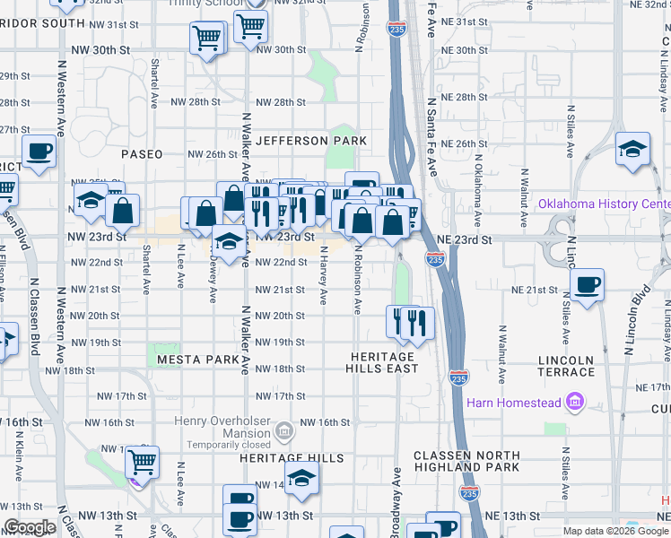 map of restaurants, bars, coffee shops, grocery stores, and more near 209 Northwest 21st Street in Oklahoma City