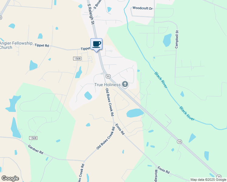 map of restaurants, bars, coffee shops, grocery stores, and more near 291 Thistle Patch Place in Angier