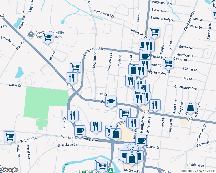 map of restaurants, bars, coffee shops, grocery stores, and more near 502 Hill Street in Shelbyville