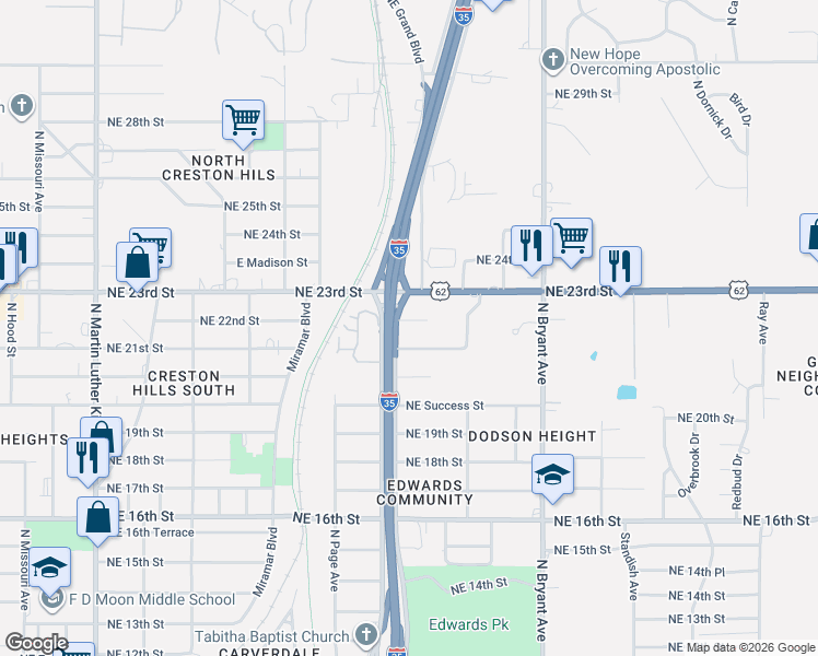 map of restaurants, bars, coffee shops, grocery stores, and more near 2621 Northeast 21st Street in Oklahoma City