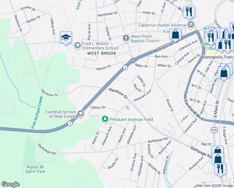 map of restaurants, bars, coffee shops, grocery stores, and more near 1195 Rainbow Drive in Kannapolis