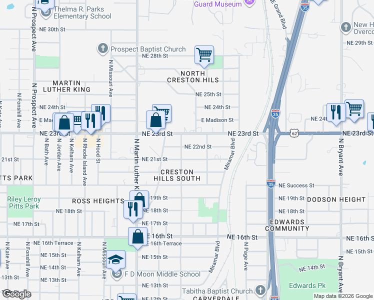 map of restaurants, bars, coffee shops, grocery stores, and more near 2133 Northeast 21st Street in Oklahoma City