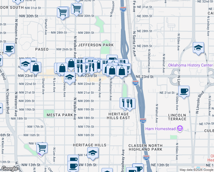 map of restaurants, bars, coffee shops, grocery stores, and more near 209 Northwest 21st Street in Oklahoma City