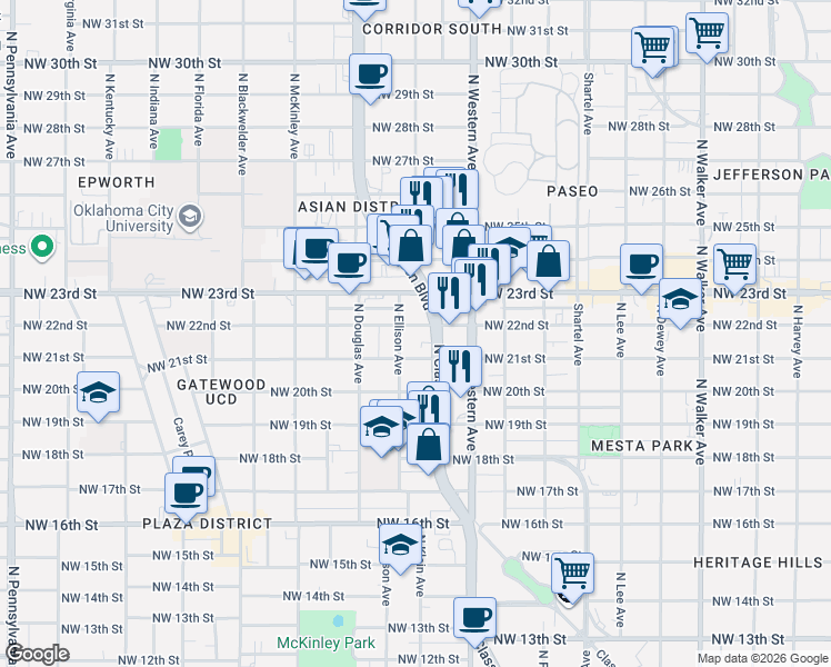 map of restaurants, bars, coffee shops, grocery stores, and more near 2201 North Classen Boulevard in Oklahoma City