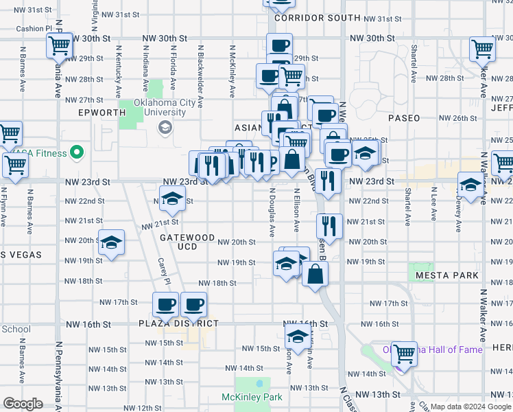 map of restaurants, bars, coffee shops, grocery stores, and more near 1509 Northwest 21st Street in Oklahoma City