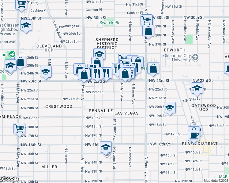 map of restaurants, bars, coffee shops, grocery stores, and more near 2215 North Youngs Boulevard in Oklahoma City