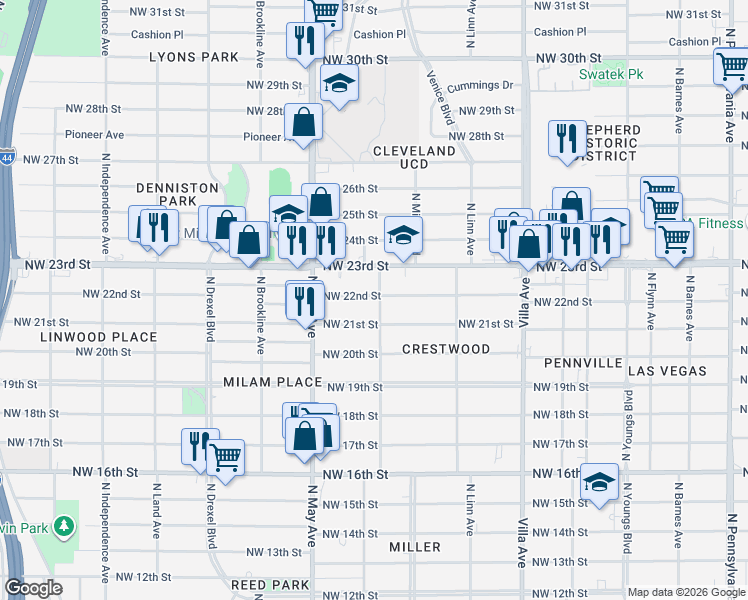 map of restaurants, bars, coffee shops, grocery stores, and more near 2801 Northwest 21st Street in Oklahoma City