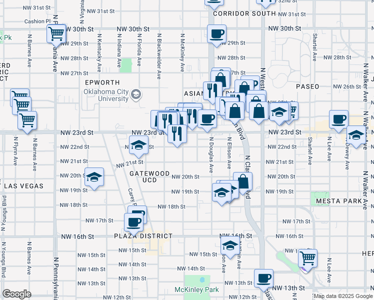 map of restaurants, bars, coffee shops, grocery stores, and more near 1514 Northwest 22nd Street in Oklahoma City