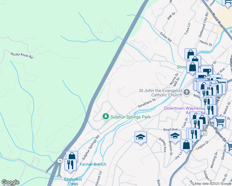 map of restaurants, bars, coffee shops, grocery stores, and more near 391 4th Street in Waynesville