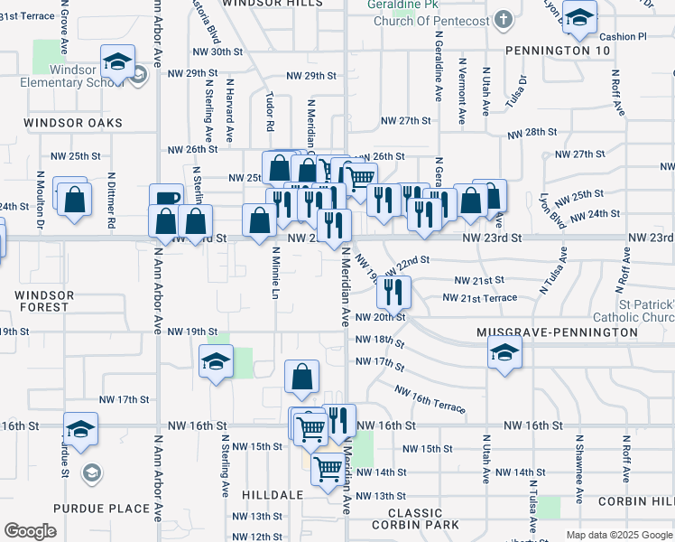 map of restaurants, bars, coffee shops, grocery stores, and more near 2321 North Meridian Avenue in Oklahoma City