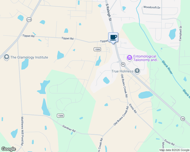 map of restaurants, bars, coffee shops, grocery stores, and more near 176 Blair Drive in Angier