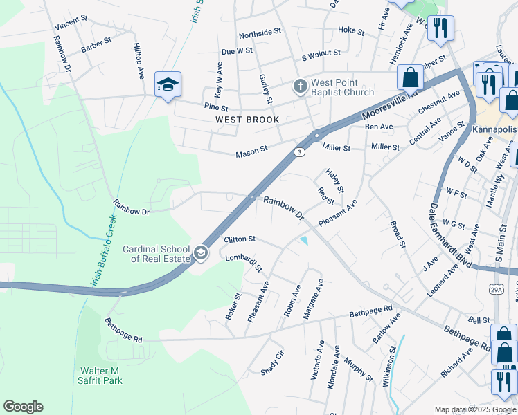 map of restaurants, bars, coffee shops, grocery stores, and more near 603 Grant Street in Kannapolis