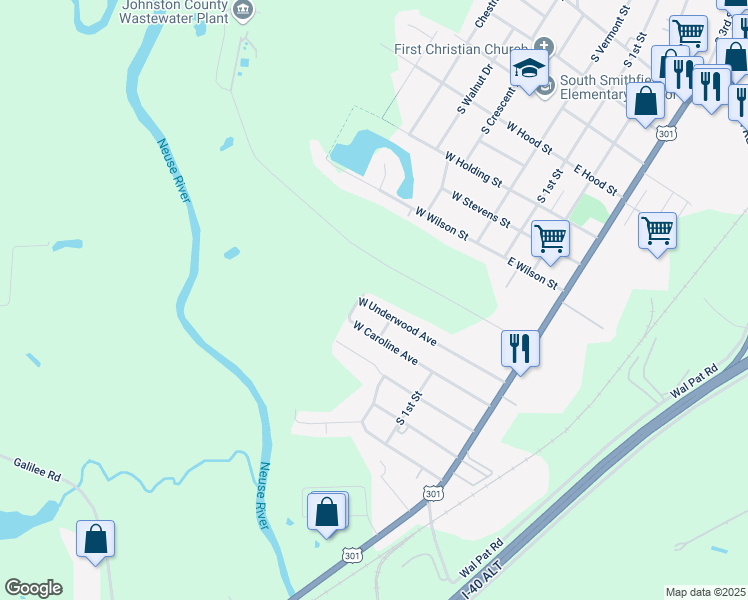 map of restaurants, bars, coffee shops, grocery stores, and more near 207 West Underwood Avenue in Smithfield