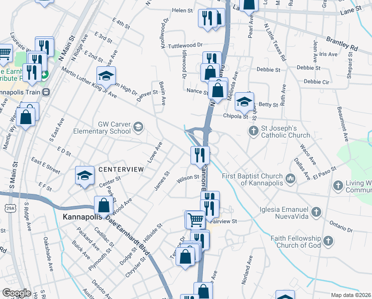 map of restaurants, bars, coffee shops, grocery stores, and more near 125 James Street in Kannapolis