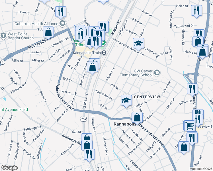 map of restaurants, bars, coffee shops, grocery stores, and more near 311 South East Avenue in Kannapolis
