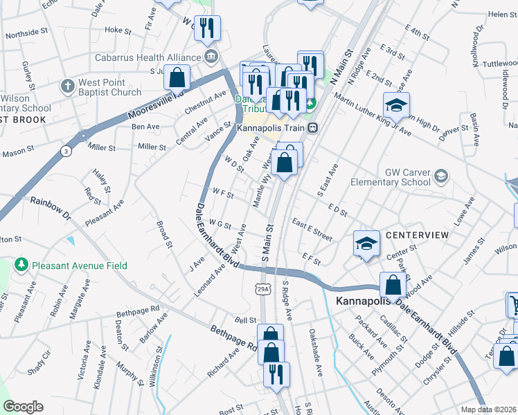 map of restaurants, bars, coffee shops, grocery stores, and more near 420 South Main Street in Kannapolis