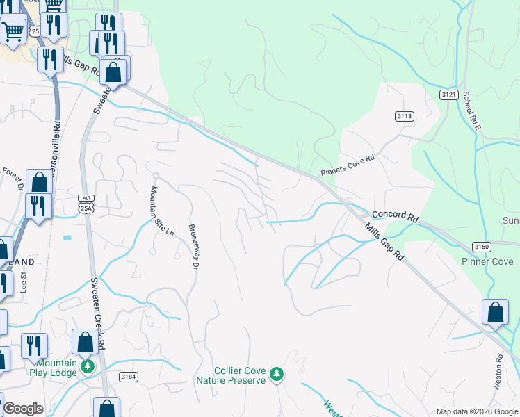 map of restaurants, bars, coffee shops, grocery stores, and more near 99999 Southside Village Drive in Asheville