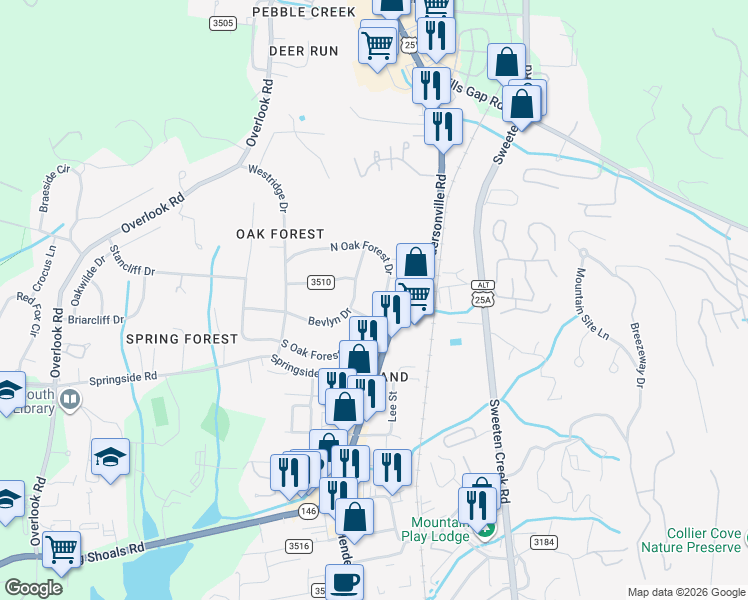 map of restaurants, bars, coffee shops, grocery stores, and more near 2 North Oak Forest Drive in Asheville