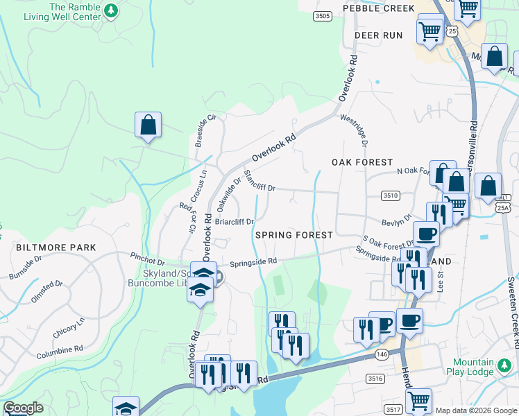 map of restaurants, bars, coffee shops, grocery stores, and more near 15 Briarcliff Drive in Asheville