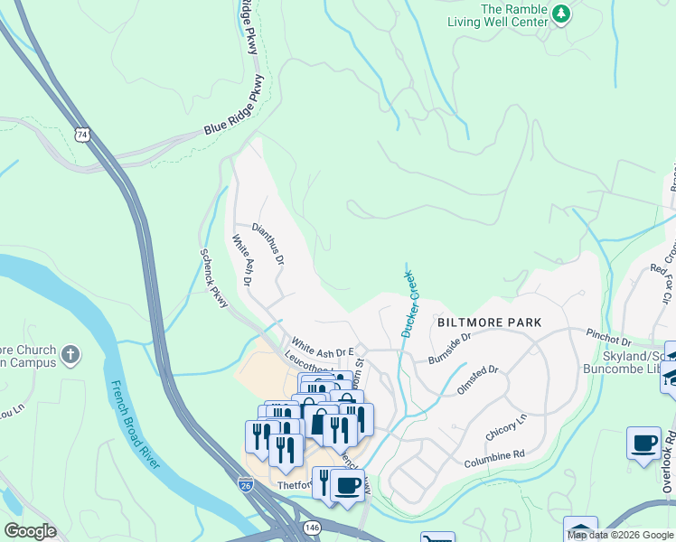 map of restaurants, bars, coffee shops, grocery stores, and more near 453 Coopers Hawk Drive in Asheville