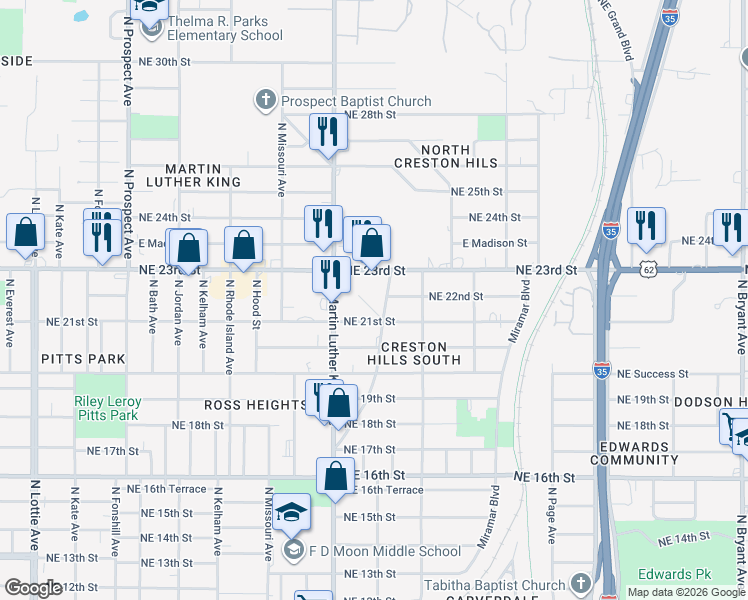 map of restaurants, bars, coffee shops, grocery stores, and more near 2200 Granada Boulevard in Oklahoma City