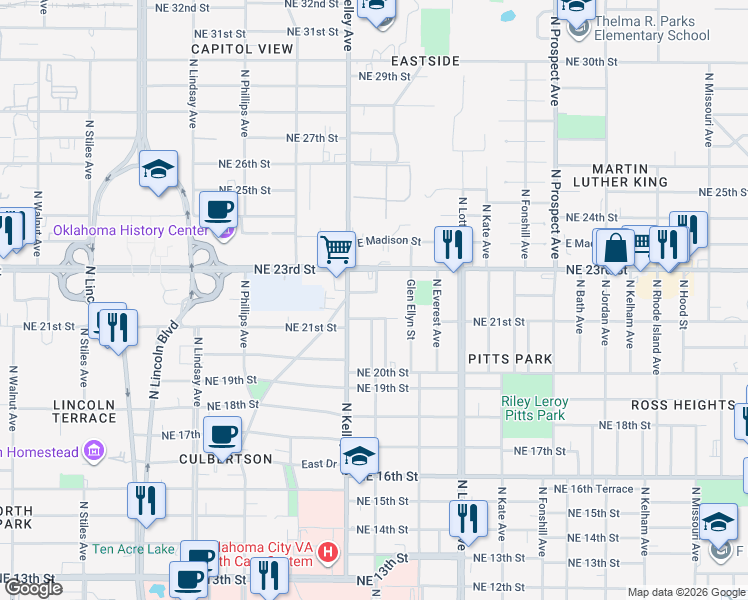 map of restaurants, bars, coffee shops, grocery stores, and more near 1009 Northeast 21st Street in Oklahoma City