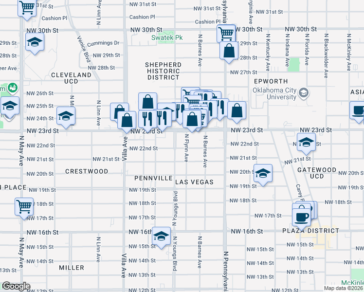map of restaurants, bars, coffee shops, grocery stores, and more near 2230 Northwest 22nd Street in Oklahoma City