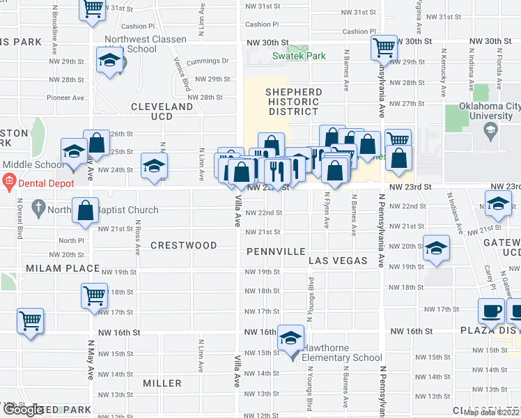 map of restaurants, bars, coffee shops, grocery stores, and more near 2408 Northwest 22nd Street in Oklahoma City