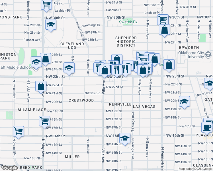 map of restaurants, bars, coffee shops, grocery stores, and more near 2408 Northwest 22nd Street in Oklahoma City