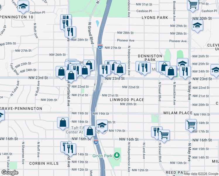 map of restaurants, bars, coffee shops, grocery stores, and more near 3421 Northwest 21st Street in Oklahoma City