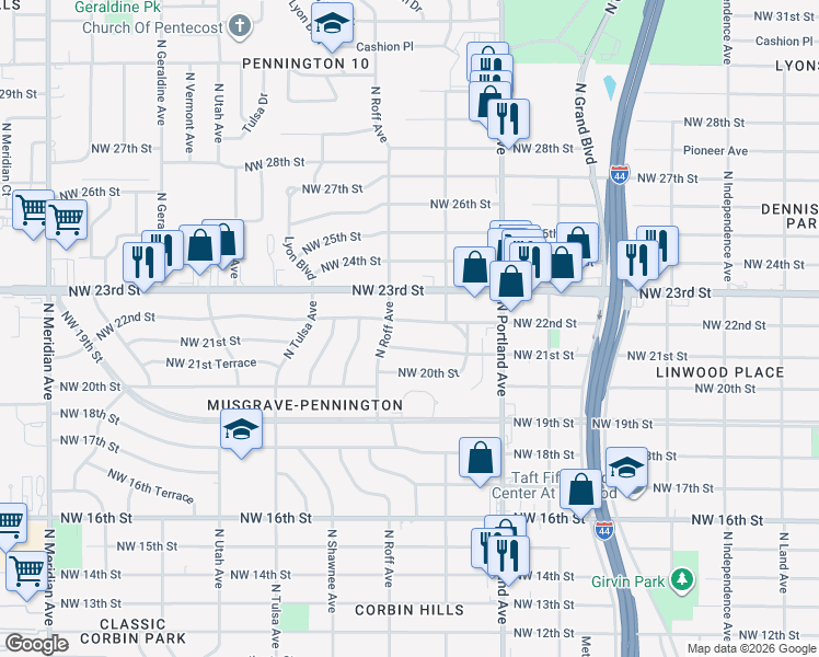 map of restaurants, bars, coffee shops, grocery stores, and more near 3843 Northwest 21st Street in Oklahoma City