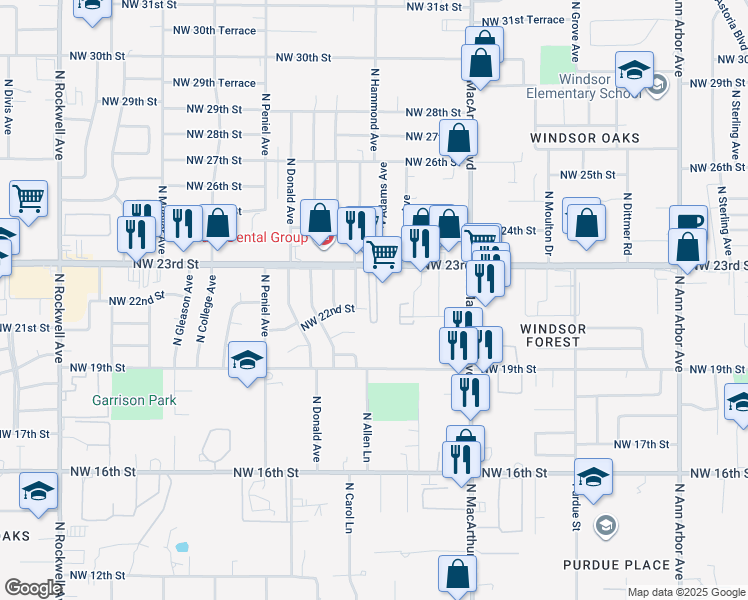 map of restaurants, bars, coffee shops, grocery stores, and more near 6022 Northwest 23rd Street in Oklahoma City