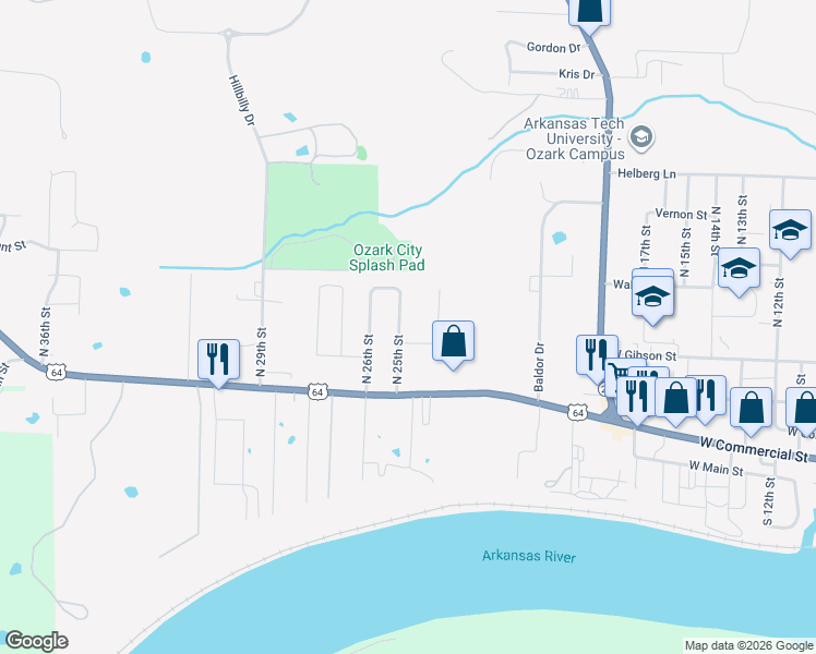 map of restaurants, bars, coffee shops, grocery stores, and more near 205 North 25th Street in Ozark