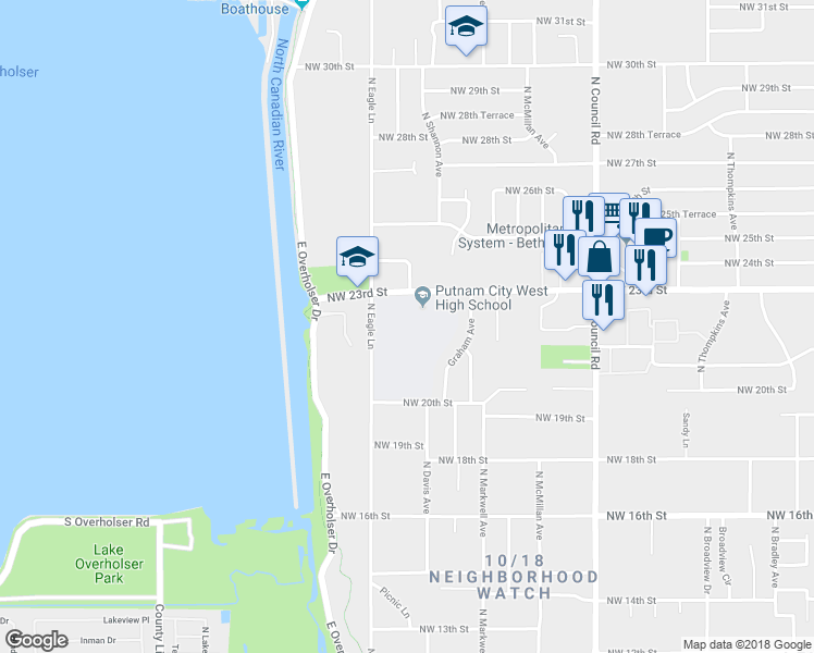 map of restaurants, bars, coffee shops, grocery stores, and more near 8500 Northwest 23rd Street in Oklahoma City