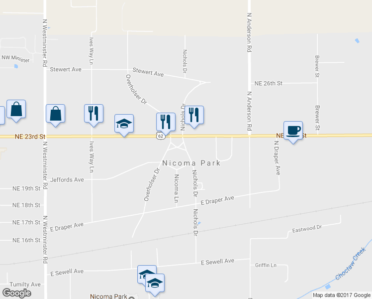 map of restaurants, bars, coffee shops, grocery stores, and more near 2250 Nichols Drive in Choctaw