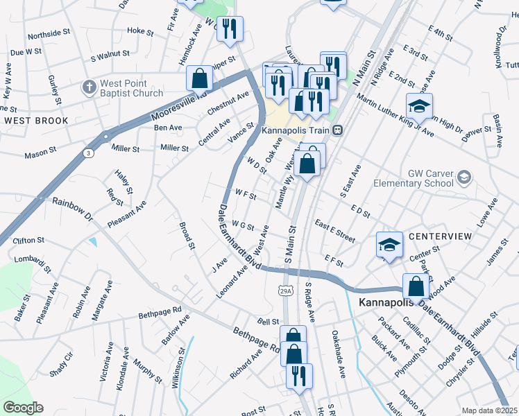 map of restaurants, bars, coffee shops, grocery stores, and more near Dale Earnhardt Boulevard in Kannapolis