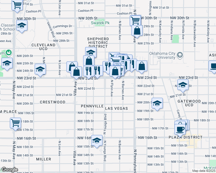 map of restaurants, bars, coffee shops, grocery stores, and more near 2245 Northwest 22nd Street in Oklahoma City