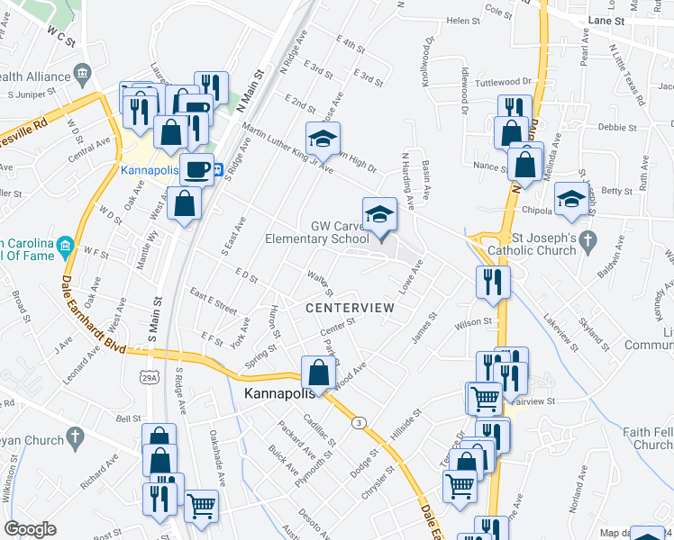 map of restaurants, bars, coffee shops, grocery stores, and more near 207 Flowe Avenue in Kannapolis