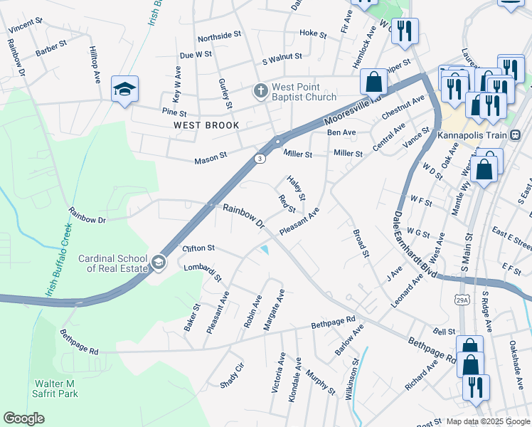 map of restaurants, bars, coffee shops, grocery stores, and more near 1010 Aiken Street in Kannapolis